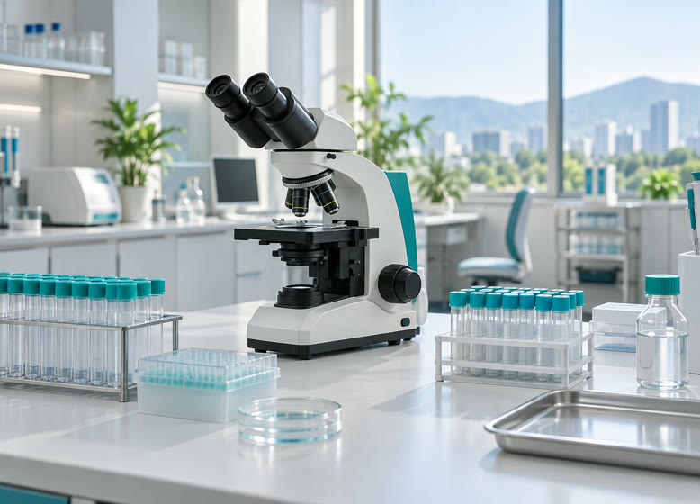 Laboratórium mikroszkóppal és mintatartókkal