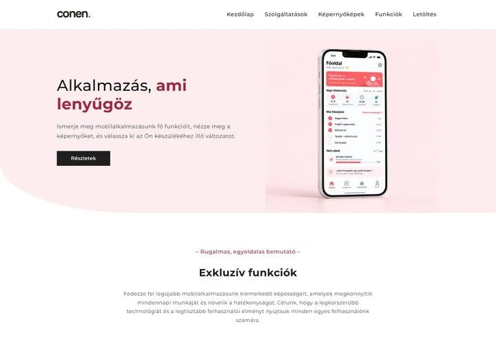 Exkluzív funkciójú mobilalkalmazás promóciós nyitólap – a sablon nyitóoldala