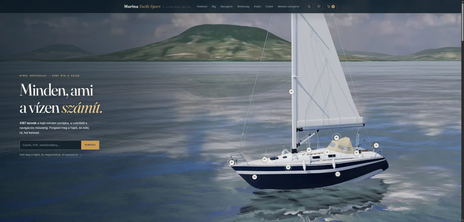 Az új Marina Yacht Sport webáruház nyitóoldala 3D vitorlással a Balaton előtt
