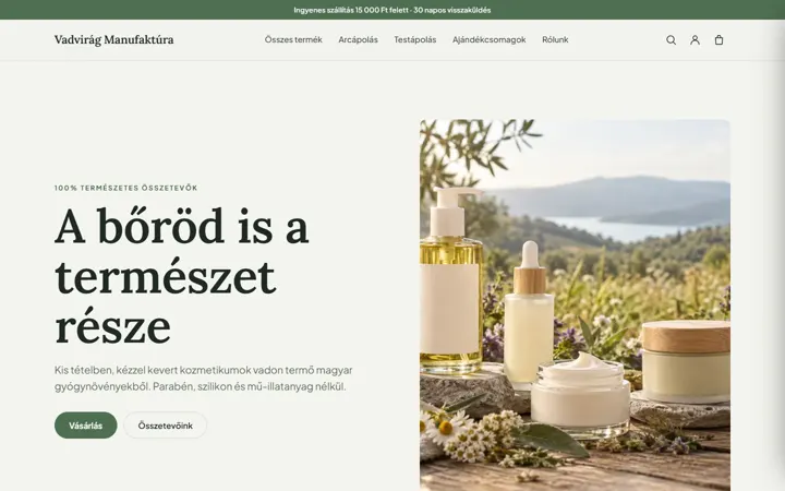 A natúrkozmetikai mintabolt nyitóoldala