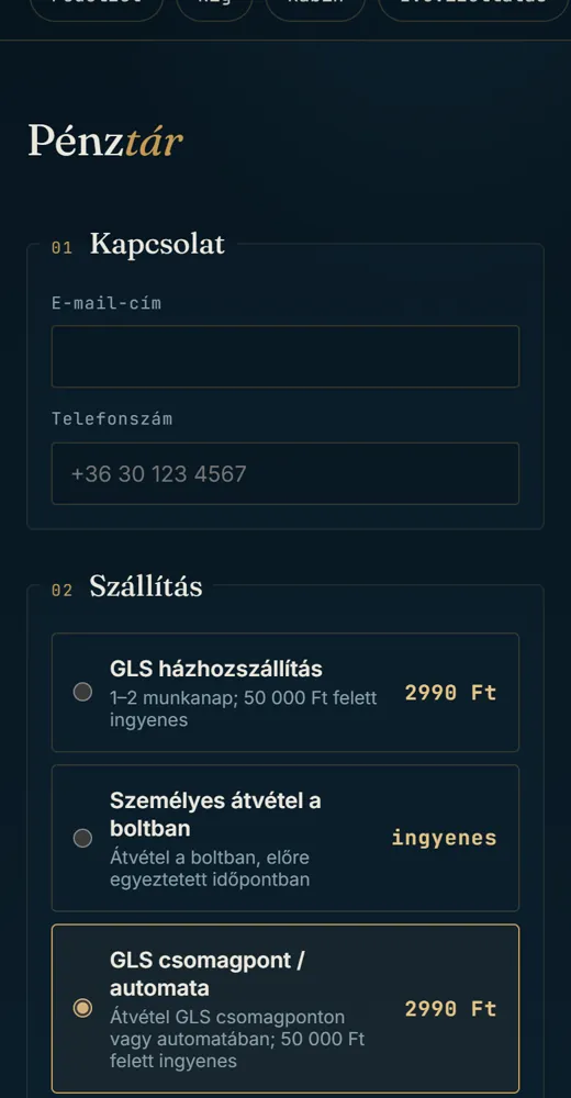 A pénztár szállítási lépése: GLS házhozszállítás, személyes átvétel, GLS csomagpont vagy automata