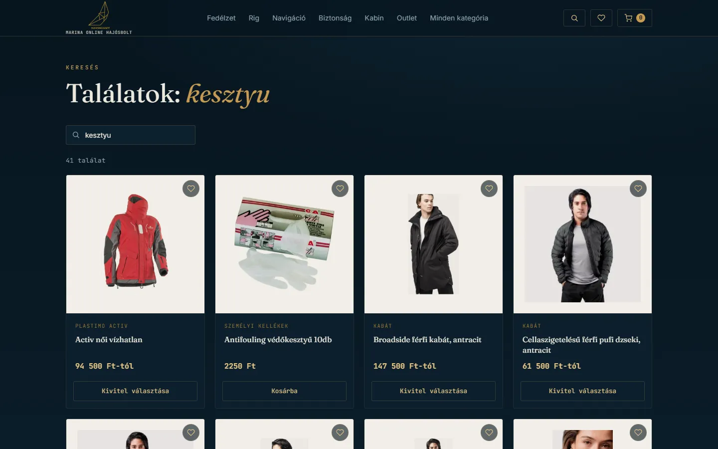 A Neocart-motoros bolt keresője: a „kesztyu” keresés ékezet nélkül is 41 találatot ad