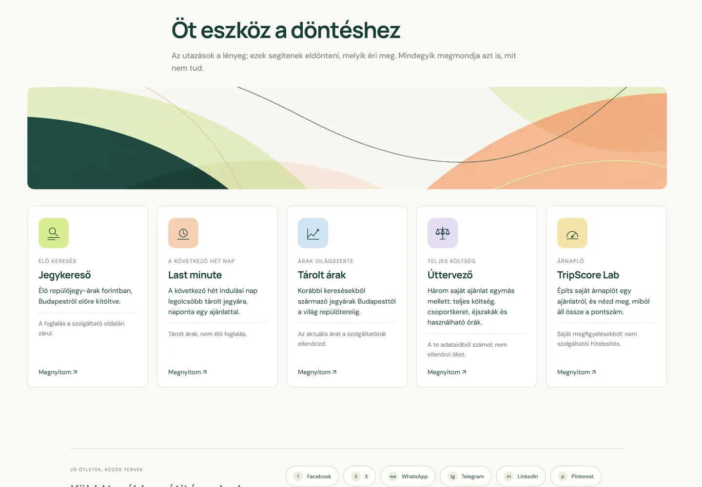 A TripGoes eszközoldala: Öt eszköz a döntéshez — jegykereső, last minute, tárolt árak, úttervező és TripScore Lab, kártyánként rövid leírással