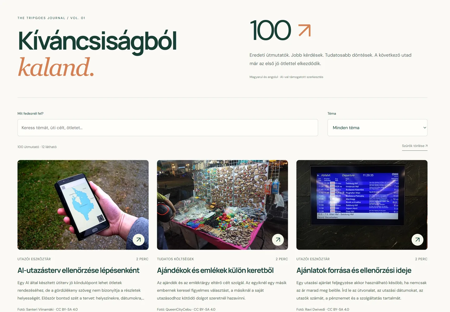 A TripGoes útinaplója: Kíváncsiságból kaland — száz útmutató kereséssel, témaszűrővel és fotós cikkártyákkal