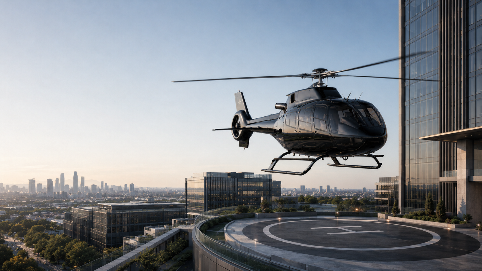 Üzleti helikopter fejezi be érkezését egy városi üzleti épület mellett.