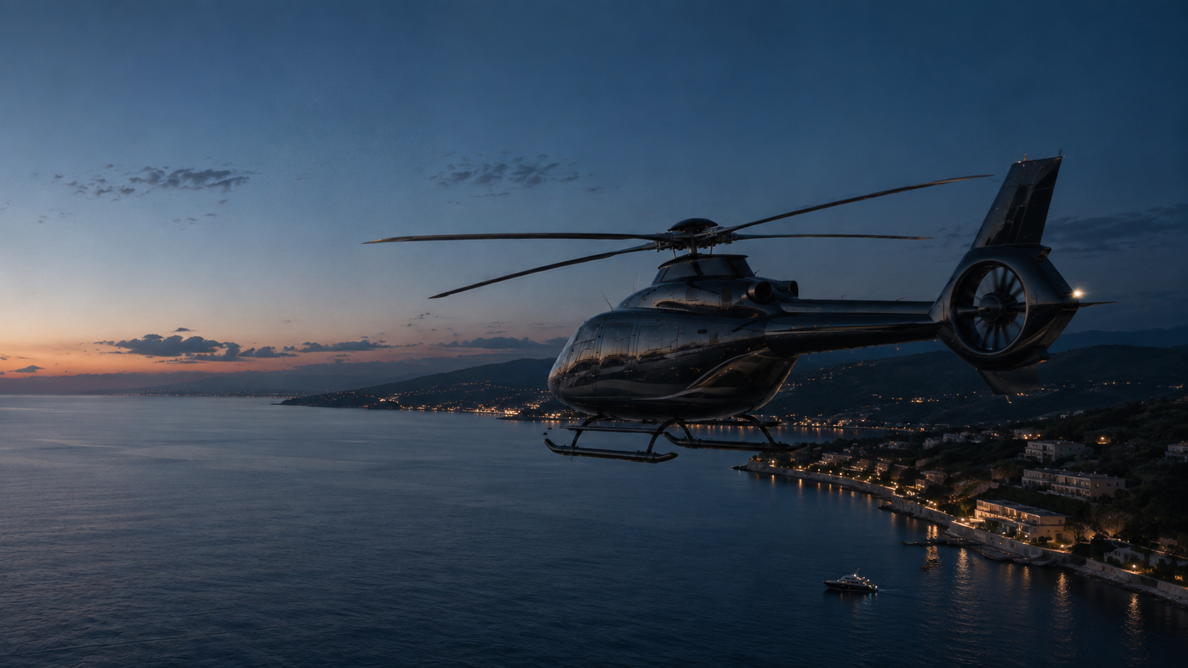 Zongoralakk-fekete helikopter repül a part felett a kék órában.