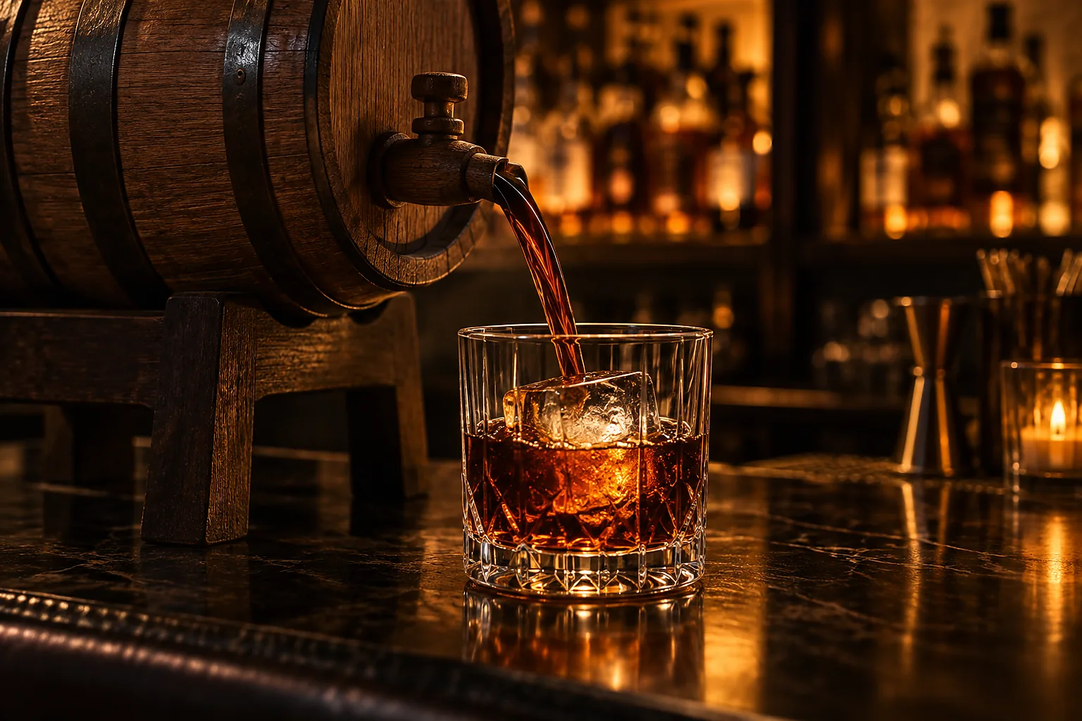 Hordóban érlelt cold brew kitöltése kristálypohárba