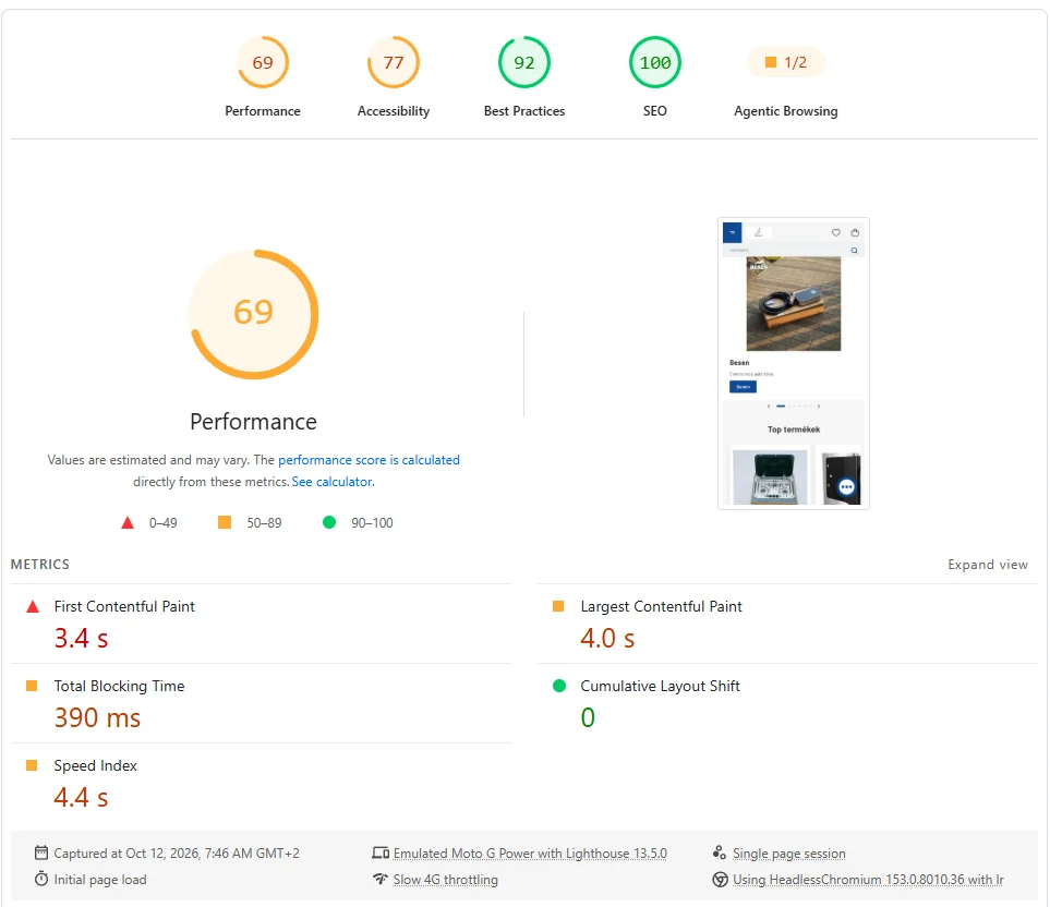 A régi marina.hu (Shoprenter) PageSpeed mobil eredménye: 69 teljesítmény, LCP 4,0 mp