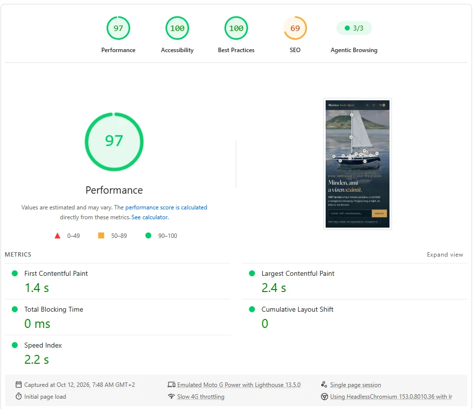 Az új Marina webáruház PageSpeed mobil eredménye, 3D hajós kezdőoldallal: 97 teljesítmény, LCP 2,4 mp