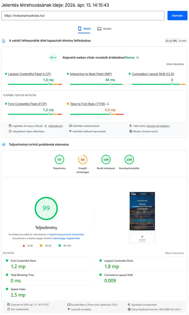 PageSpeed modernizálás után mobilon