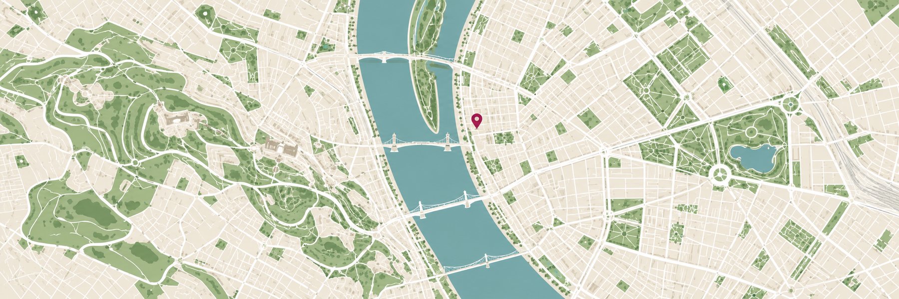 Budapest stilizált áttekintő térképe, a Dunával és a pesti városrésszel. Illusztráció, nem pontos útvonalterv.