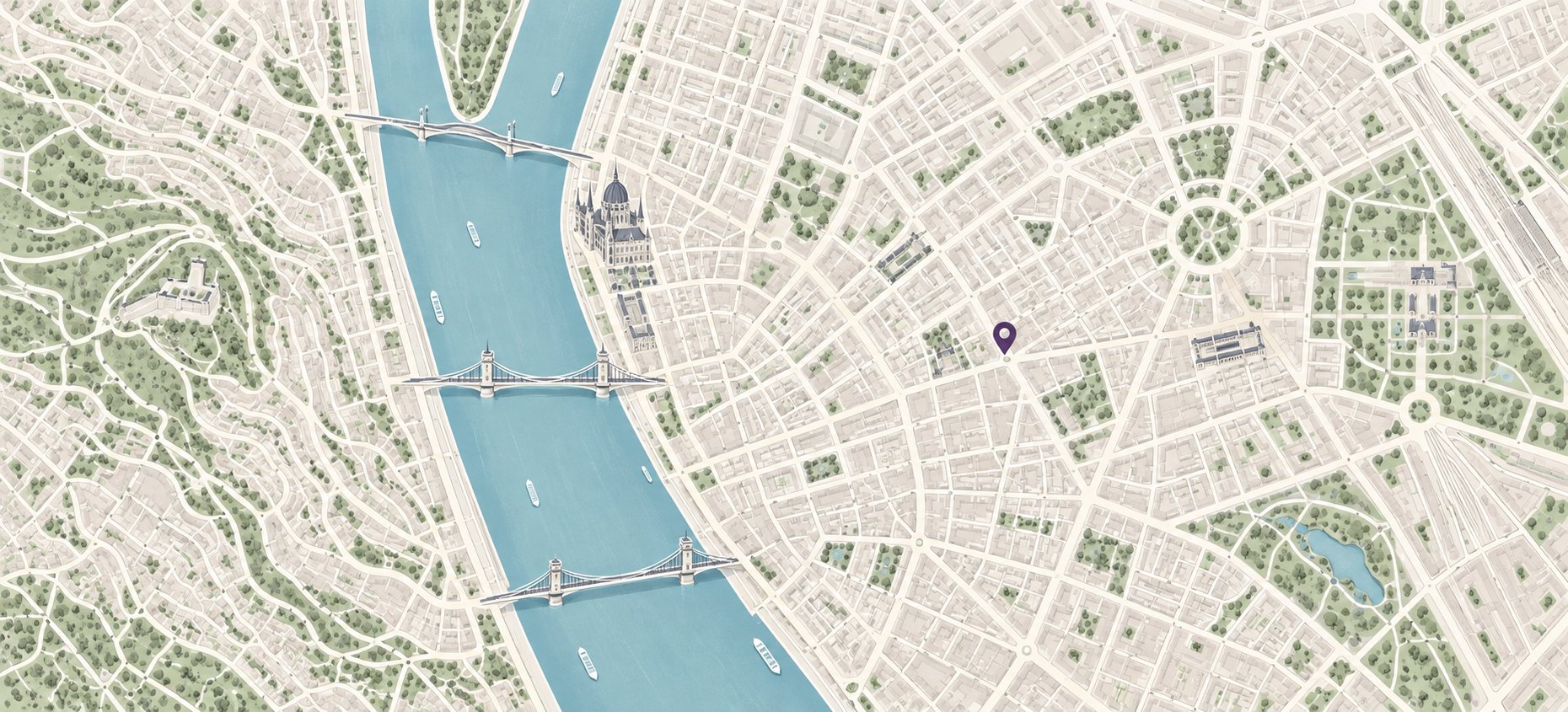 Budapest ihlette, stilizált várostérkép – tájékoztató illusztráció