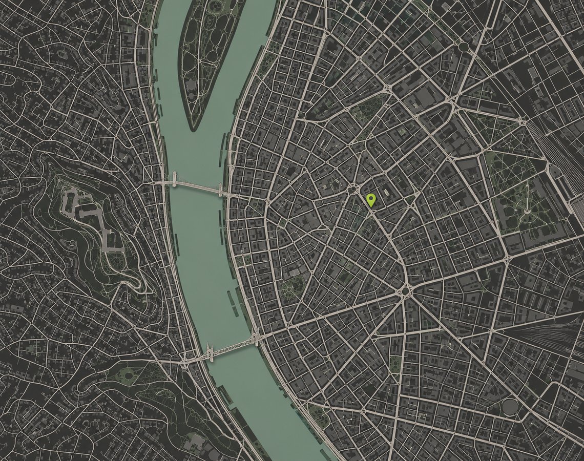 Budapest belvárosának stilizált térképillusztrációja