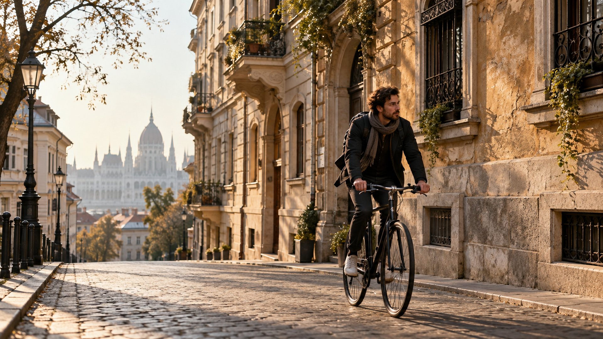 Városi kerékpáros egy budapesti utcán