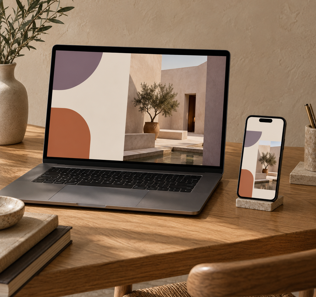 Weboldalterv laptopon és mobiltelefonon, természetes fényű stúdióban