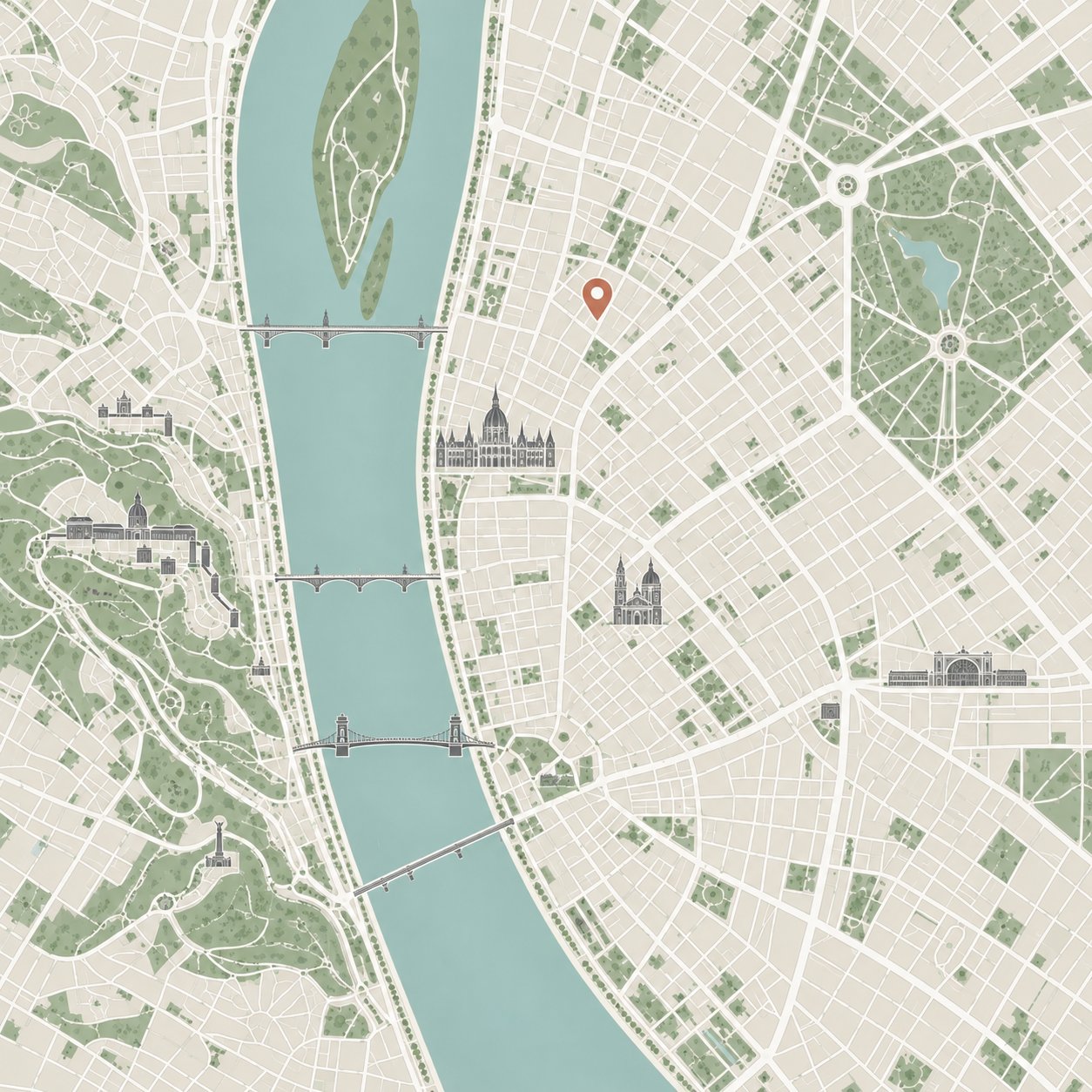 Budapest belvárosának stilizált térképe