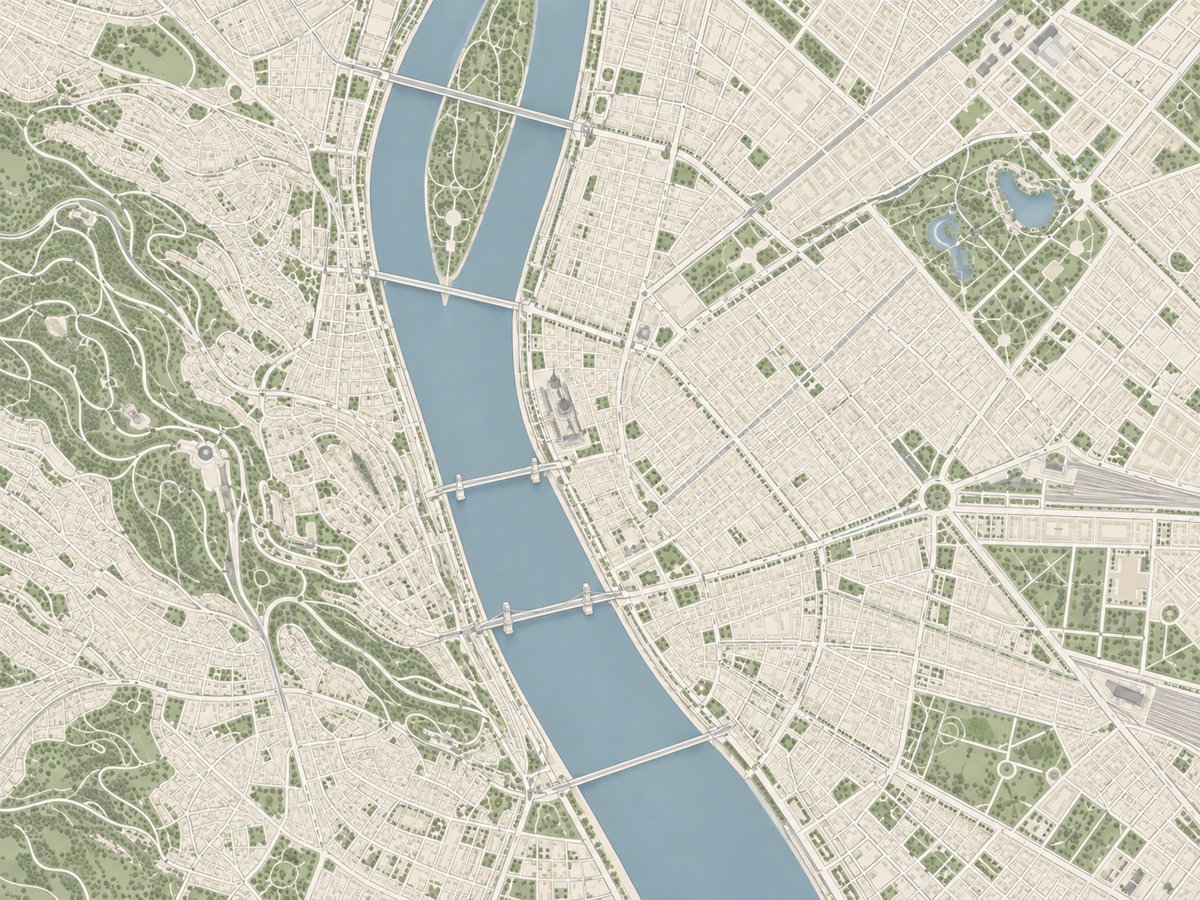 Budapest stilizált térképe a Dunával – illusztráció