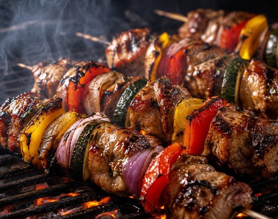Grillezett húsos-zöldséges nyársak