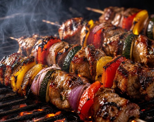 Grillezett nyársak szezonális zöldségekkel