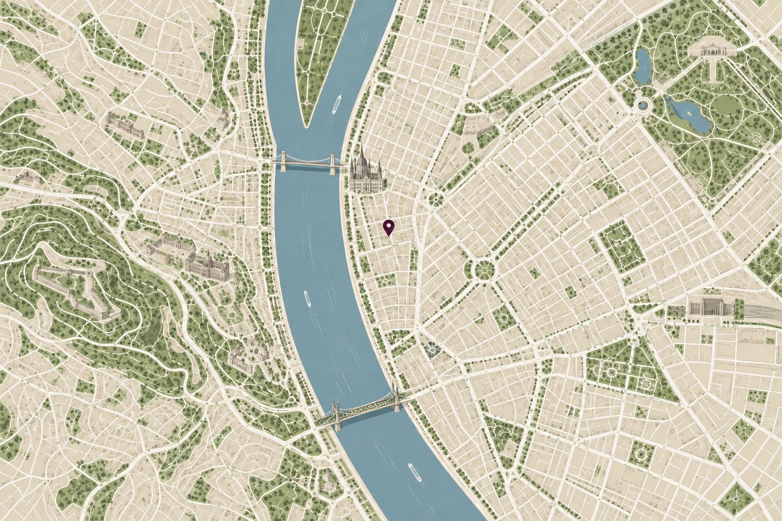 Budapest hangulatát idéző stilizált várostérkép a Dunával és hidakkal