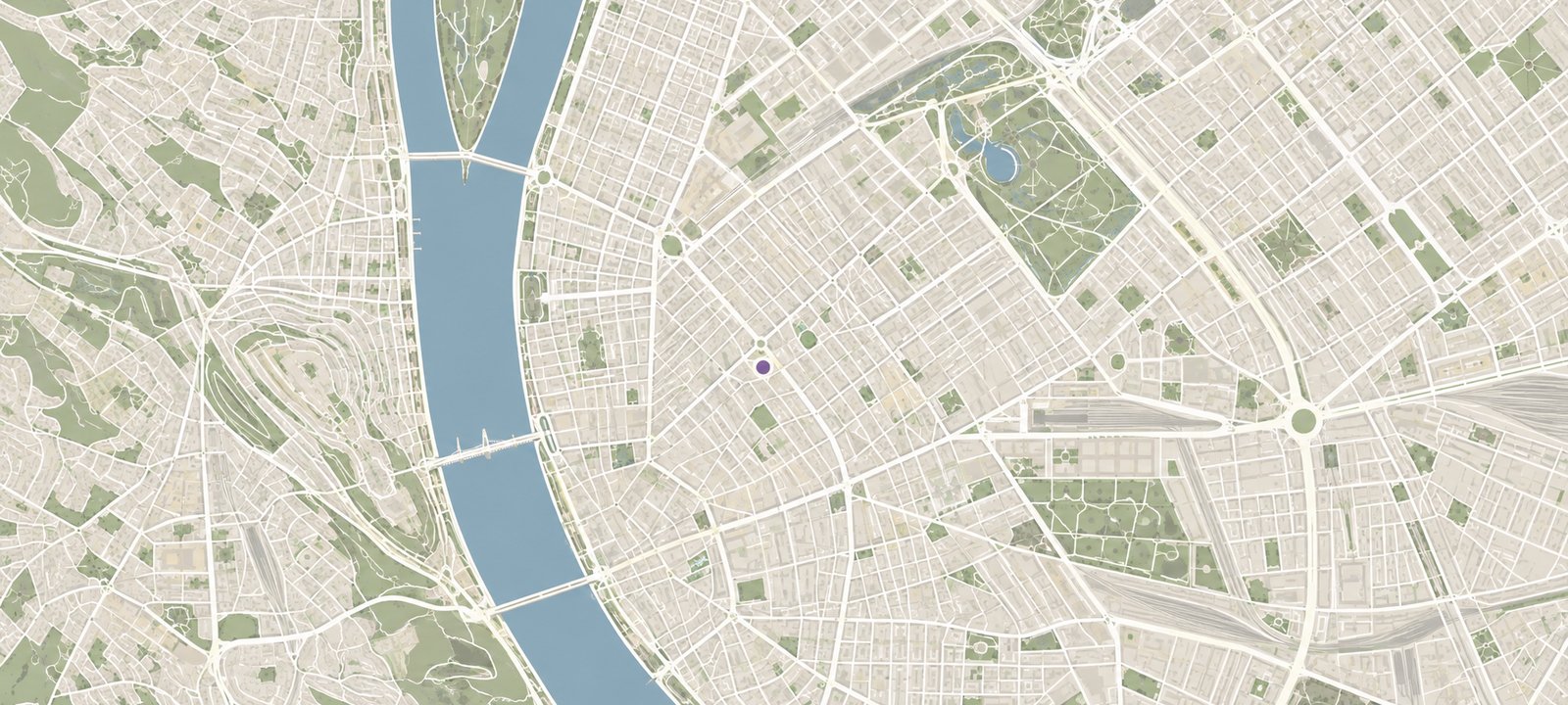Budapest sematikus várostérképe, a Duna és a pesti belváros ábrázolásával. Tájékoztató illusztráció, nem navigációs térkép.